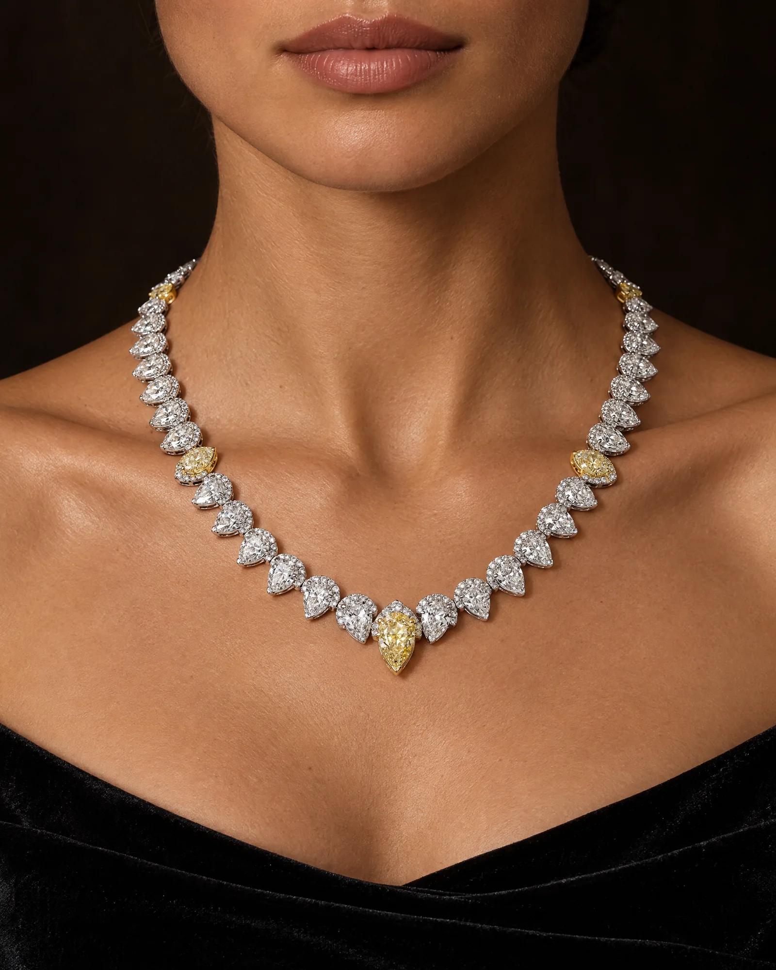Collier di diamanti taglio goccia con diamanti gialli, indossato